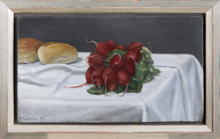 Gisela Breitling, Stilleben mit 2 Brötchen und Radieschen, 21,5 x 28 cm, Öl auf Sperrholz, 1999