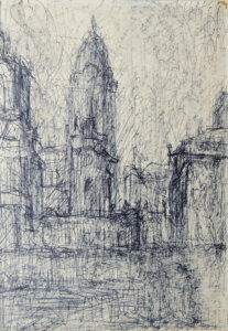 Dresden-Brühlsche Terrasse und Ruine der Frauenkirche vor dem Rathaus, Kugelschreiber/Papier, 21 x 14 cm, 1970