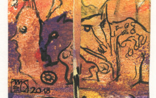 Marianne Schroeder, Musenland, 2018, Acryl Tusche und Collage, 16 x 9 cm