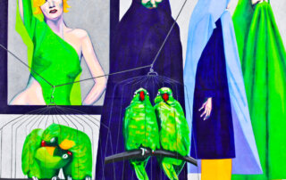 Alexandra Weidmann, Vier Frauen-vier Papageien, 2013, 110 x 114 cm, Öl auf Leinwand